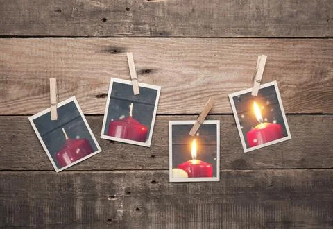 Second Advent candle burning, Four old photo frames with Advent candles Stock Photos