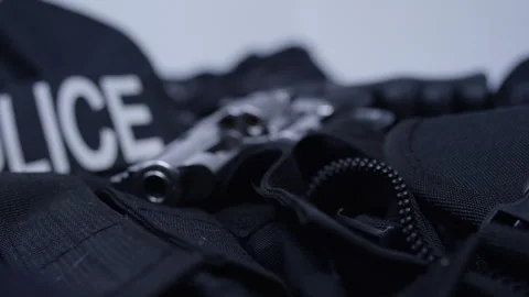 Second Amendment - Police vest pan across gun and protection wear Stock Footage 301089623