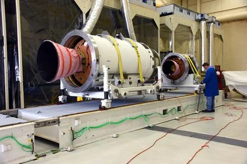 The second and third stages of the Orbital ATK Pegasus XL rocket are offloa.. 스톡 사진