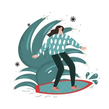 Second and third wave of the pandemic  Surfer girl among the coronavirus Ment Stock Illustration