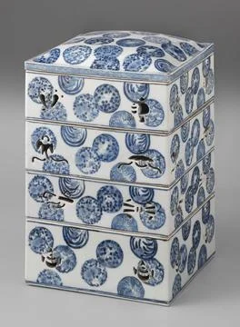 . Second box of square stack box (Jubako) with lid of porcelain consisting... Stock Photos