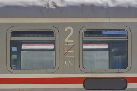 Second class passenger train carriage exterior with windows Stock Photos