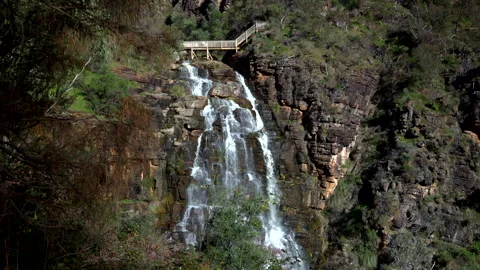 Second Falls waterfall framed by bushland at Morialta Conservation Park 4K Stock Footage 340453393