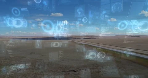 On second frame faint HUD elements emerging over plains and road, sliding and Stock Footage 328330888