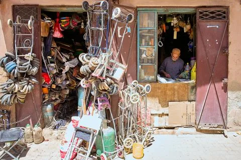 Second hand dealer working in Meknes Morocco's market street Stock Photos