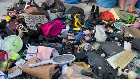 Second hand items for sell at flea market outdoor. Used product, Thailand Video stock 232003087