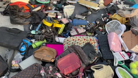 Second hand items for sell at flea market outdoor. Used product, Thailand Video stock 232003090