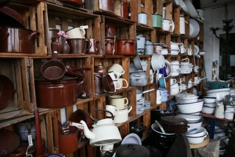 Second hand store - brown white dishes kitchen ware Stock Photos