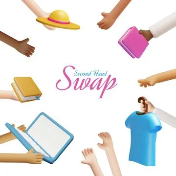 Second hand swap 3D vector design, hands are making exchange books, clothes Stock Illustration