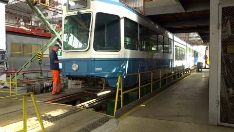 A Second Life for Old Swiss Trams. Tram Depot. Stock Footage 342091835