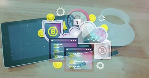 At second mark crypto icons fading in and pulsing over desk emphasizing secure Stock Footage 318476001