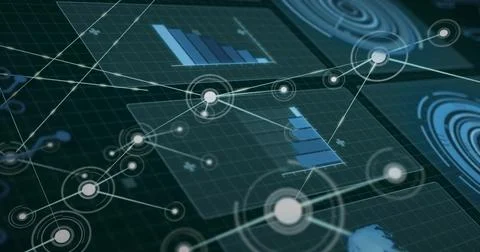 Second node appearing, data net expanding with links and pulsing rings showing Ilustração Stock