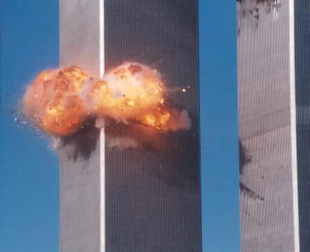 Second plane impact before the collapse of the World Trade Center in NYC on 9/11 Stock Photos