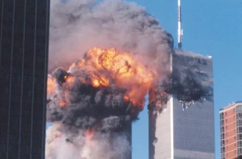 Second plane impact before the collapse of the World Trade Center in NYC on 9/11 Stock Photos