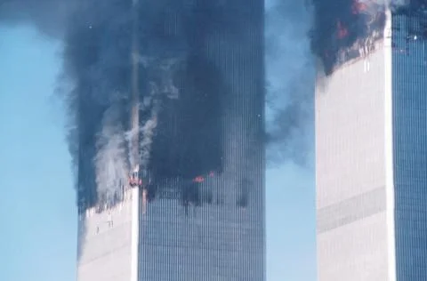 Second plane impact before the collapse of the World Trade Center in NYC on 9/11 Stock Photos