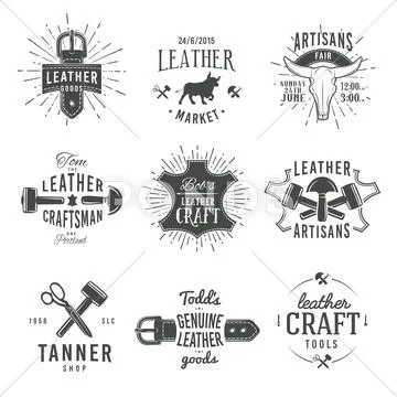 Second set of grey vector vintage craftsman logo designs, retro genuine leather Stock Illustration