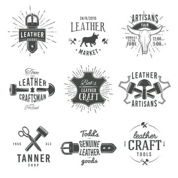 Second set of grey vector vintage craftsman logo designs, retro genuine leather Stock Illustration