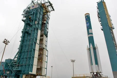 The second stage of the United Launch Alliance Delta II rocket is lifted h... Stock Photos