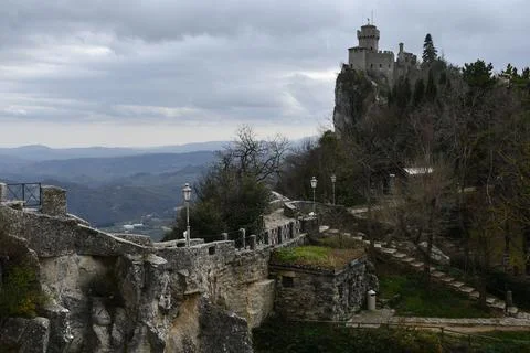 Second Tower (Cesta) and Fortifications in San Marino Stock Photos