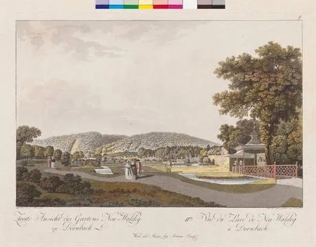 Second view of the garden Neu-Waldeg to Dornbach. Iime Vue du Parc de Neu-... Stock-Fotos