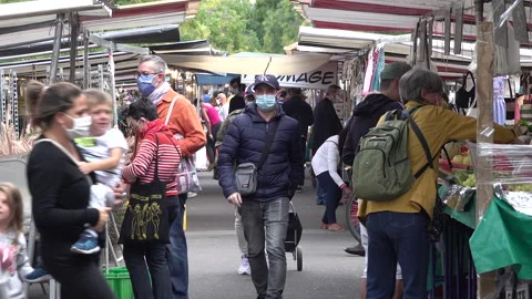 Second wave Covid-19 coronavirus France, face masks at food market Paris Stock Footage 143324509