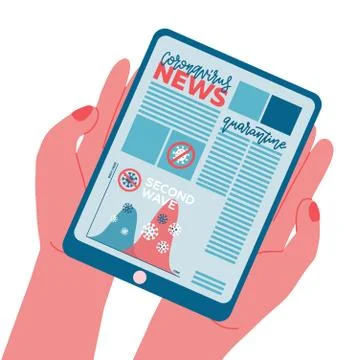 Second wave news banner on tablet PC screen. Ipad front view and coronavirus  Stock Illustration