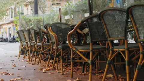 Second wave quarantine in spain, view of closed terrace restaurants and bars Stock Footage 142014741