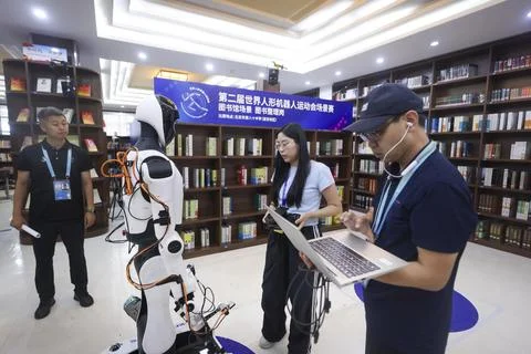 Second World Humanoid Robot Games scenario competition kicks off in Beijing Stock Photos