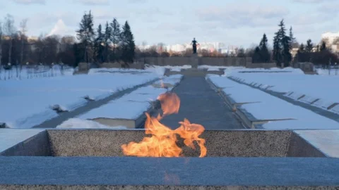 The Second World War. Eternal Flame at the Pskaryovsky cemetery Leningrad. Stock Footage 104002583