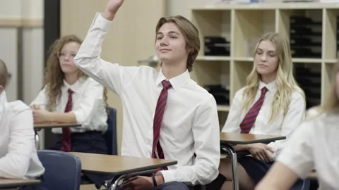Secondary school students sit in classroom in uniforms, teen boy raises hand Video stock 142091296