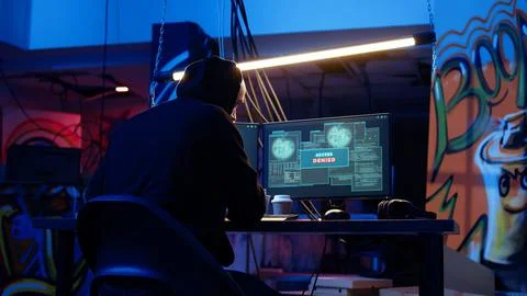 Secret agent attacking servers in digital warfare, getting rejected by firewall Stock Photos