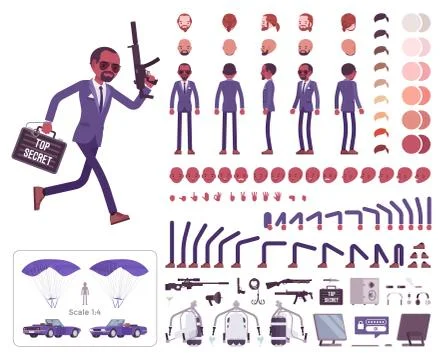 Secret agent black man, intelligence service spy character creation set 스톡 일러스트