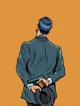 Secret agent man with a gun, retro gentleman undercover cop. Spy or scout Stock Illustration