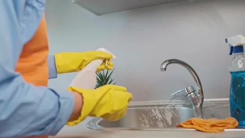 The secret to easy kitchen cleaning is the right products. Woman cleans the sink Stock Footage 301869102