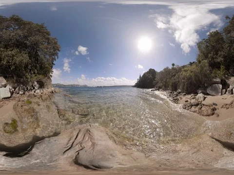 Secret hidden beach overlooking Sydney Harbour Bridge 360 Sitting height Stock Footage 80360868