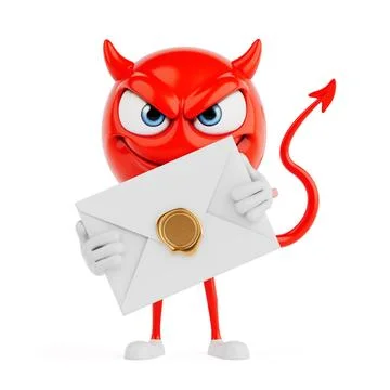 Secret Message Delivery Concept. Red Evil Cartoon Character Holding A Seale.. Ilustración de archivo