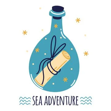 Secret message in glass bottle vector illustration. Rolled paper scroll Stock Illustration