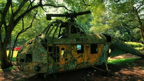 "THE SECRET OF THE OLD: A DRONE SIDE VIEW OF ABANDONED HELICOPTER" Stock Footage 228822087