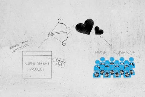 Secret prototype product next to target audience and lovestruck icon above th Stock Illustration