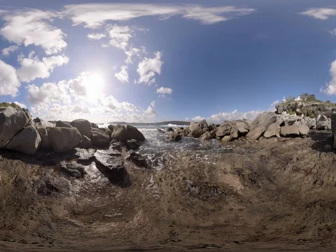 Secret rock beach cliff lighthouse 360 seated height Stock Footage 80361424