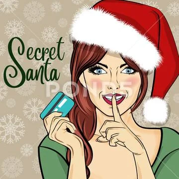 Secret Santa Girl with credit card. Pop art woman: Graphic #105838825