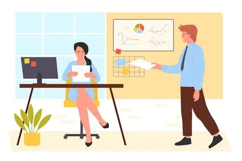 Secretary holding out business document to lady boss, confident woman sitting at Stock Illustration