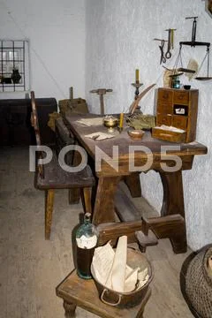 Secretary room inside antiquity abode headman Ataman. Museum of Zaporizhian C Stock Photos