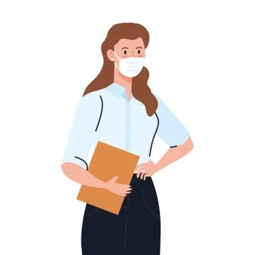 Secretary worker using face mask during covid 19 on white background Illustrazione stock
