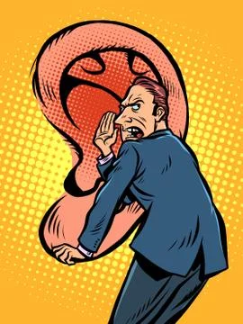 Secrets and rumors concept. A man whispers a secret in big ear Stock Illustration