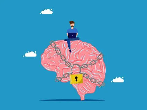 Secrets in the brain. man and brain locked with padlock Stock Illustration
