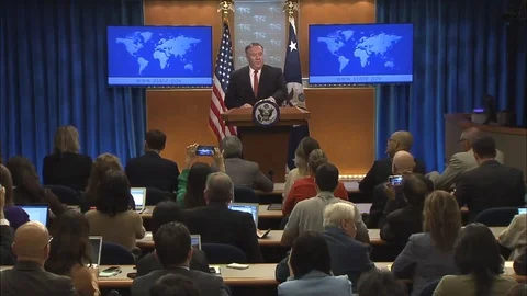 SecState Mike Pompeo delivers remarks to Media at the Department of State - 2018 Stock Footage 101374371