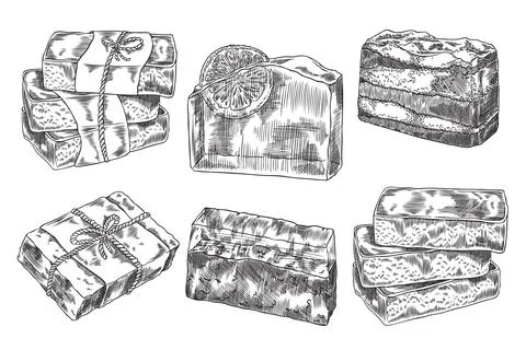 A sect of vector sketches of handmade soap bars with paper labels and jute bows. Stock Illustration