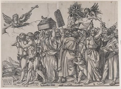 Section A: an angel holding a cross at upper left, Adam and Eve below, from.. Stock Photos