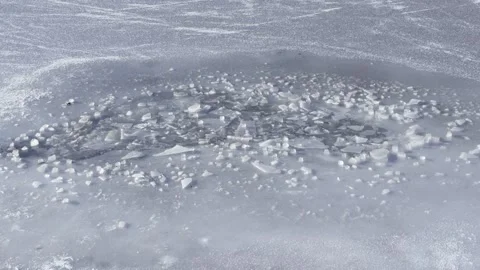 A section of broken ice on the lakes surface, with numerous small pieces of.. Video stock 302583340